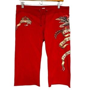 Y2K 00's VTg Lucky Brand M sweatpants shorts tattoo eagle ribbon roses wide crop